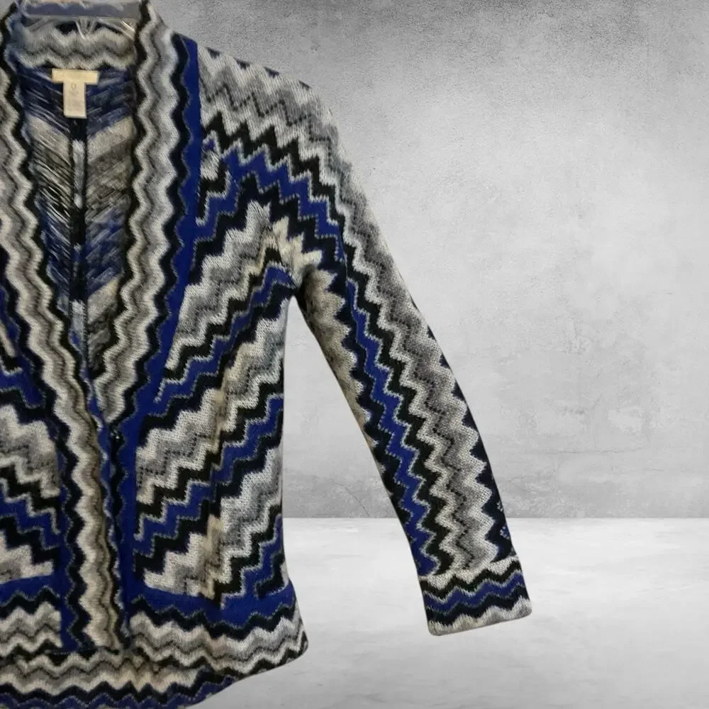 Chico's‎ Sz 0 (4) Zig Zag Cardigan Jacket Blue Gray Black Mohair Wool Open Cozy